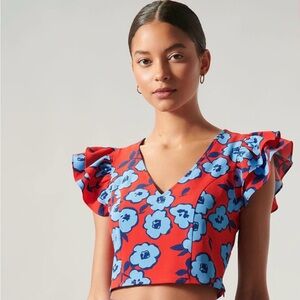 Sugar Lips Mira Mar Floral Ruffle Shoulder Crop Top